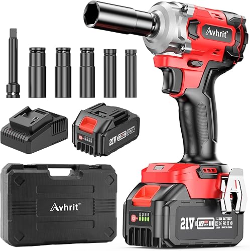 Avhrit Llave de impacto inalámbrica de 38 pulgadas, pistola de impacto eléctrica sin escobillas, par máximo de 330 pies-libras (450 N.m) con batería