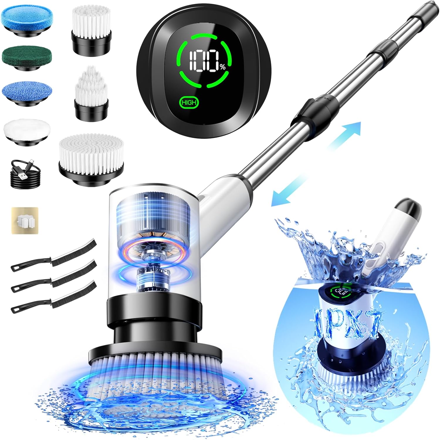 Electric Spin Scrubber, IPX7 Waterproof Cordless Power Shower Scrubber with Extension Handle, 7 Replaceable Brush Head&3 Bristle Crevice Brushes, 2 Speeds Power Scrubber for Bathroom, Kitchen Cleaning Electric Spin Scrubber, IPX7 Waterproof Cordless Power Shower Scrubber with Extension Handle, 7 Replaceable Brush Head&3 Bristle Crevice Brushes, 2 Speeds Power Scrubber for Bathroom, Kitchen Cleaning