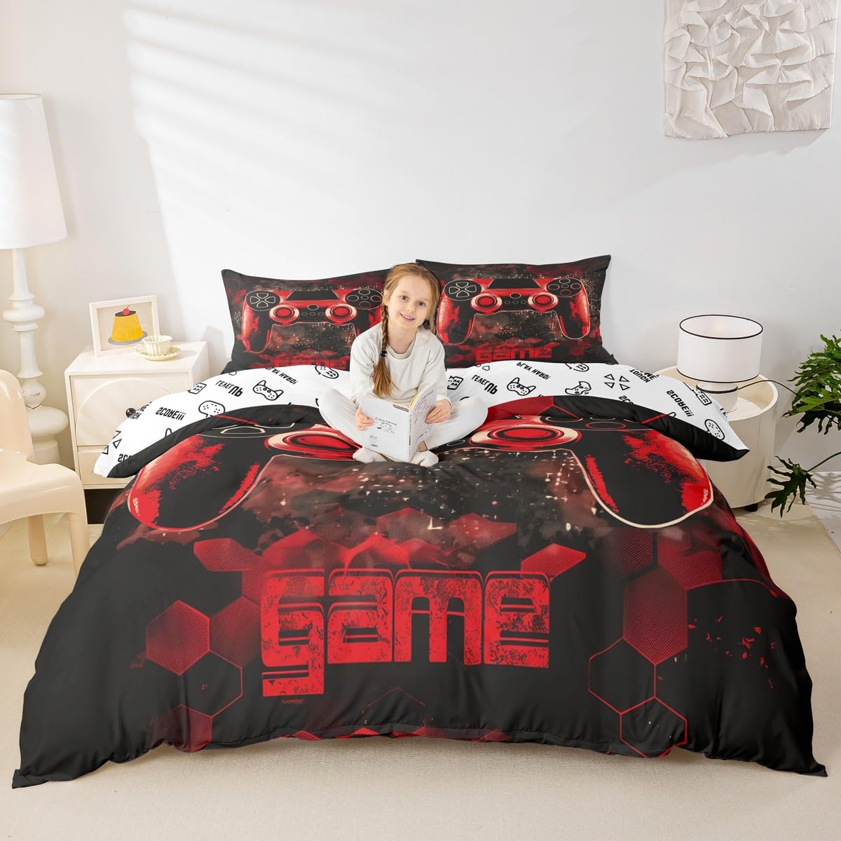 Housse de couette 1 personne motif jeu vidéo rouge avec taie d'oreiller