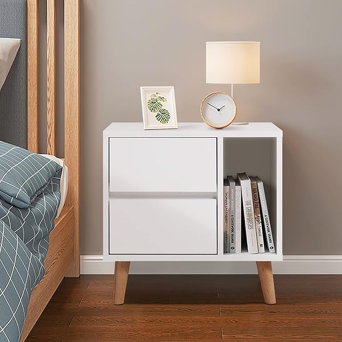 Buy TUKAILAI White Modern Bedside Table with Drawers, Open Storage