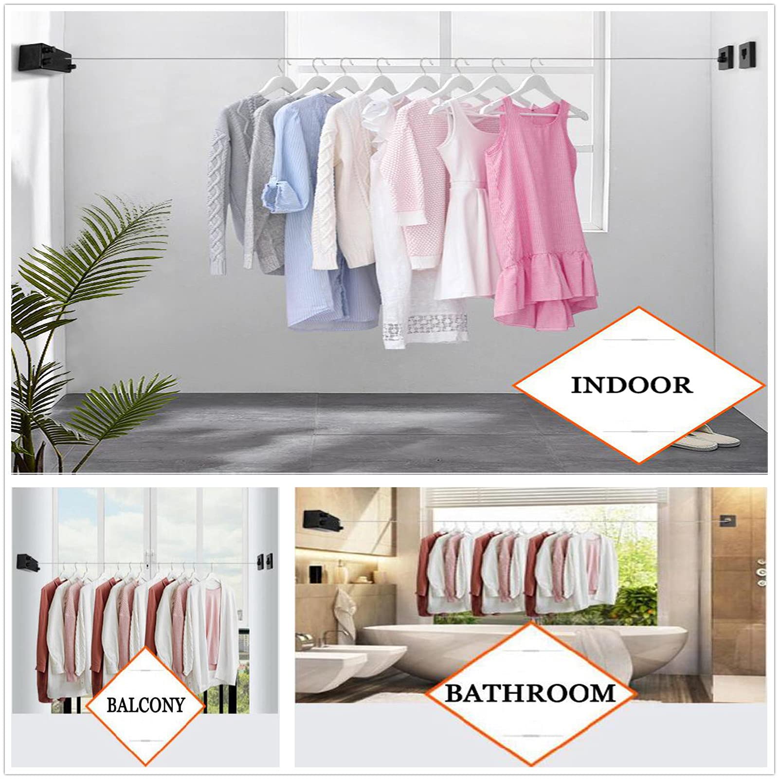 Corde À Linge Rétractable Double Fil d'acier De 5,2 M,sans Perçage Étendoir À Linge Extensible Murale pour Intérieur/Extérieur, Jardin, Blanchisserie, Balcon, Hôtel,Blanc