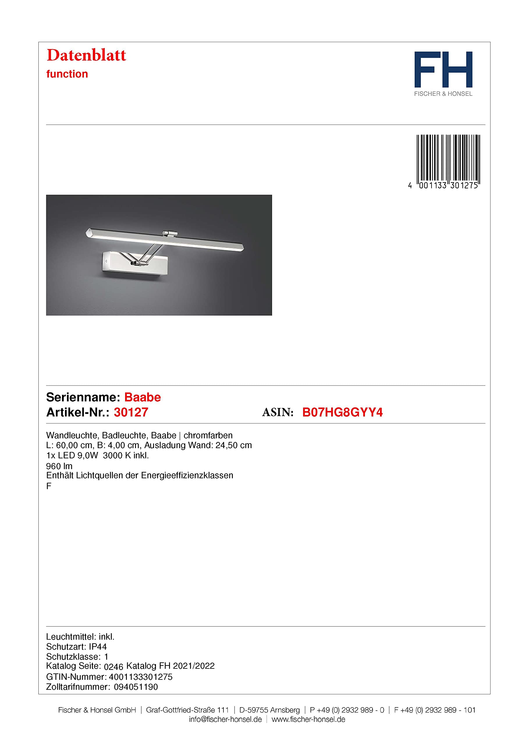 Fischer & Honsel 30127 Luce Bagno Lampada 9W Bianco Caldo Cromato