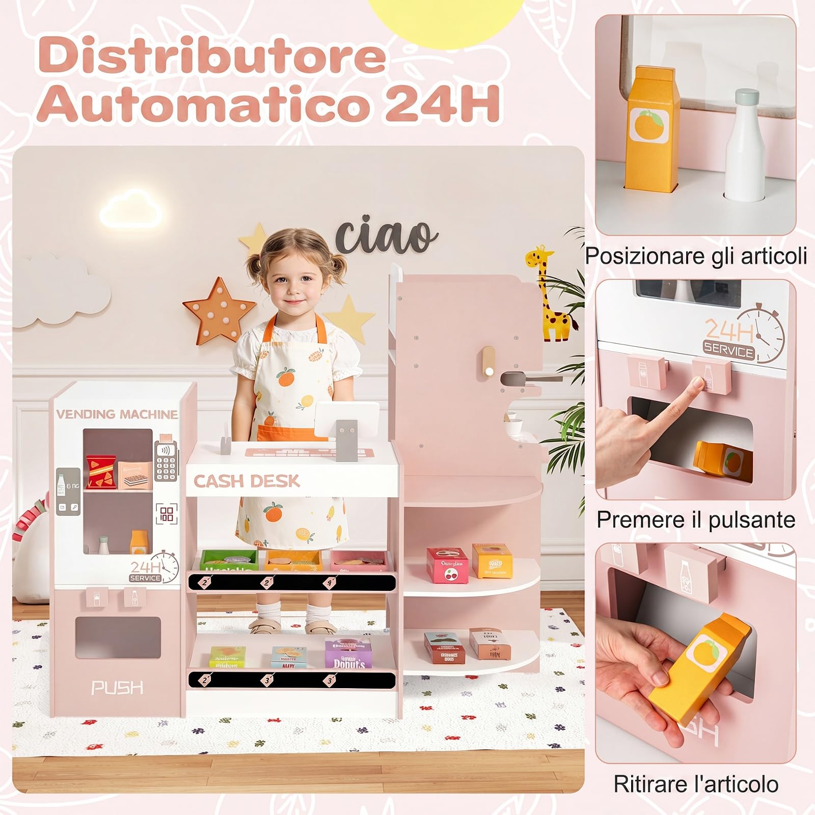 COSTWAY Mercato Giocattolo per Bambini, Negozio Giocattolo in Legno (Rosa) | con Cassa, Macchina Caffè e Distributore Automatico, Banco Mercato Giocattolo con Scaffali e 30 Accessori, per Bambini 3+ Ann