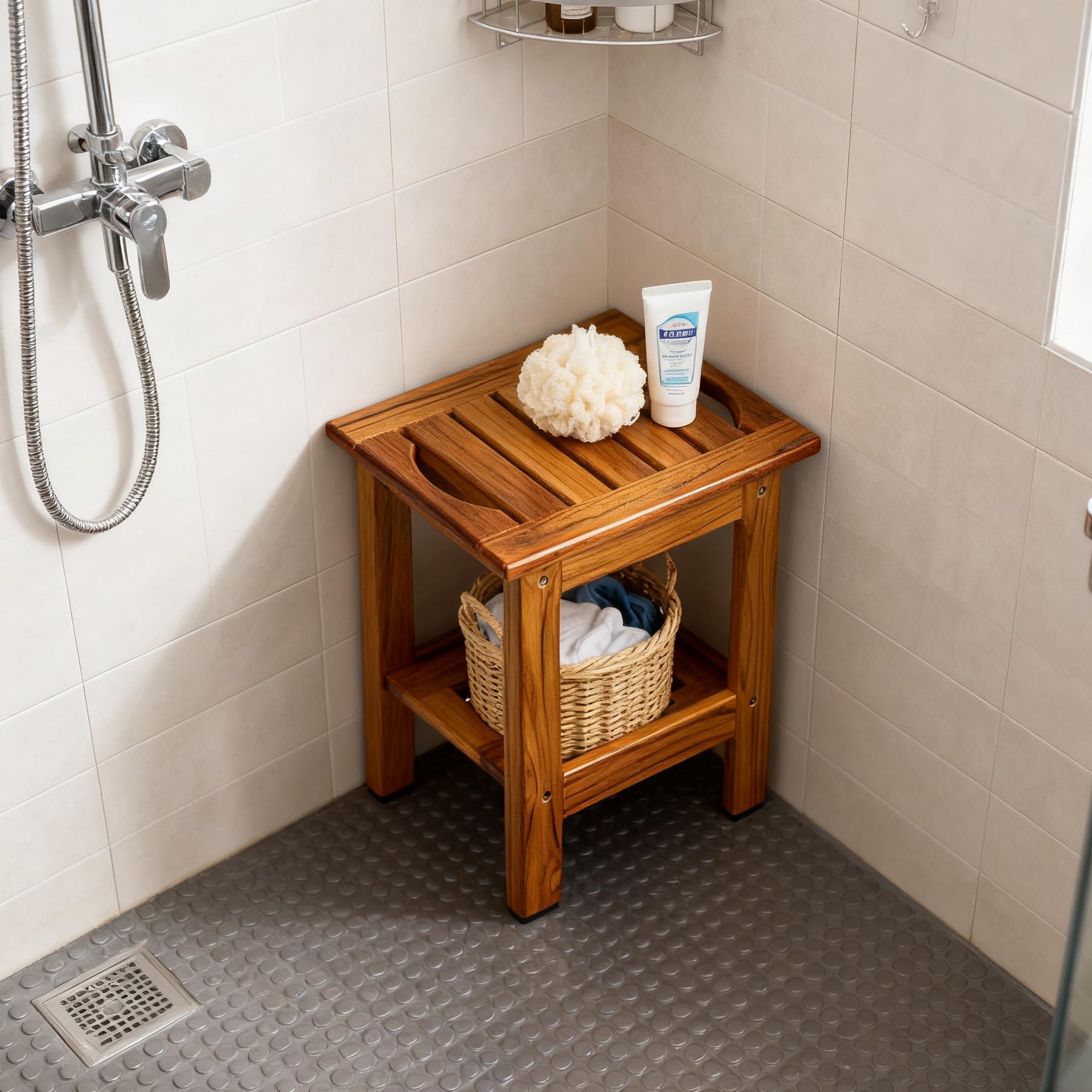 Utoplike Tabouret de Douche en Teck Petit avec Étagère, Poignée | Banc de Douche en Bois pour L'Intérieur, Tabouret de Douche Compact, Pieds Antidérapants, Siège de Douche à 2 Niveaux