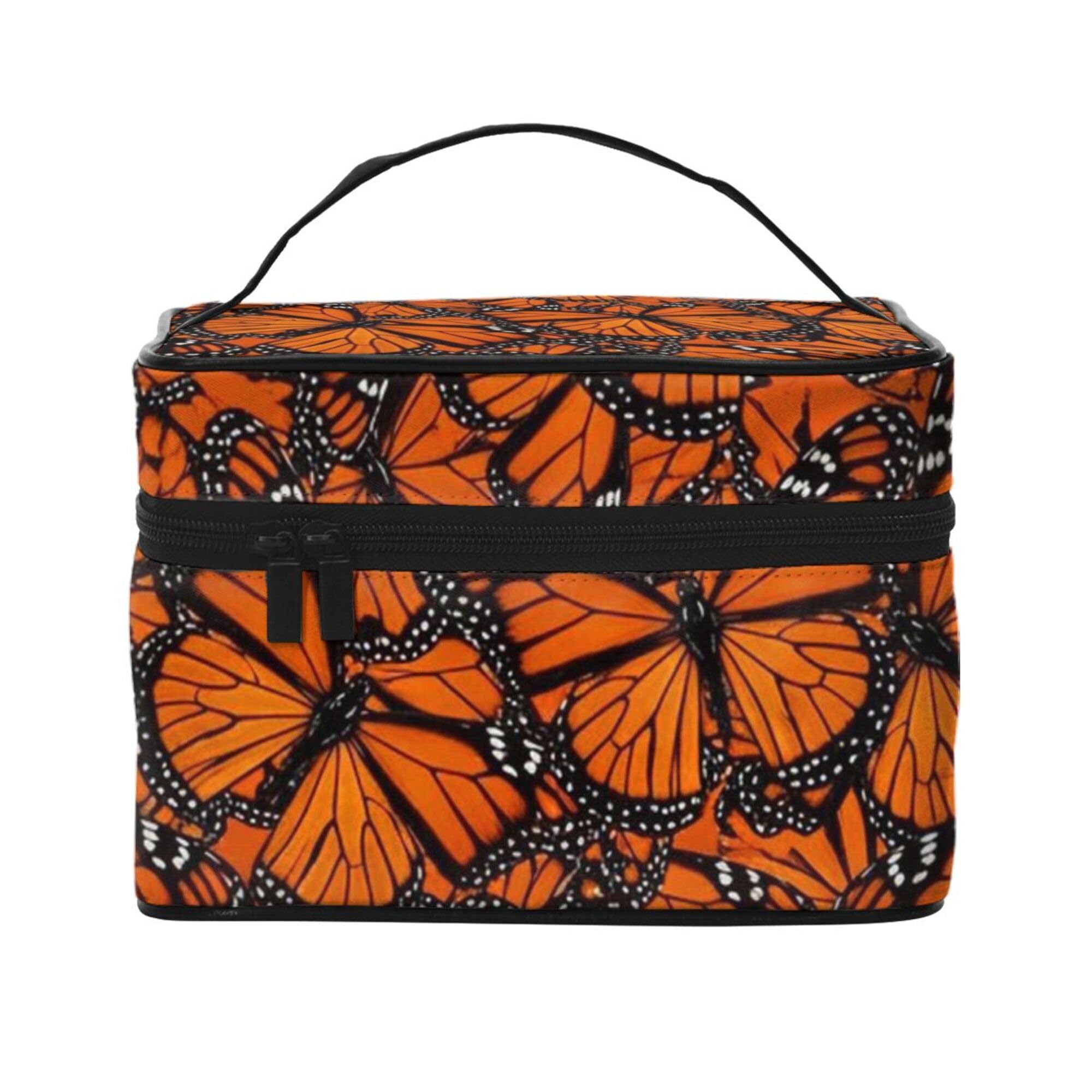Waterproof Oxford Cosmetic Bag Compatible with Beautiful Orange Monarch Butterfly Toiletry Bag, Large Capacity Makeup Pouch with Zipper Ideal Gift for