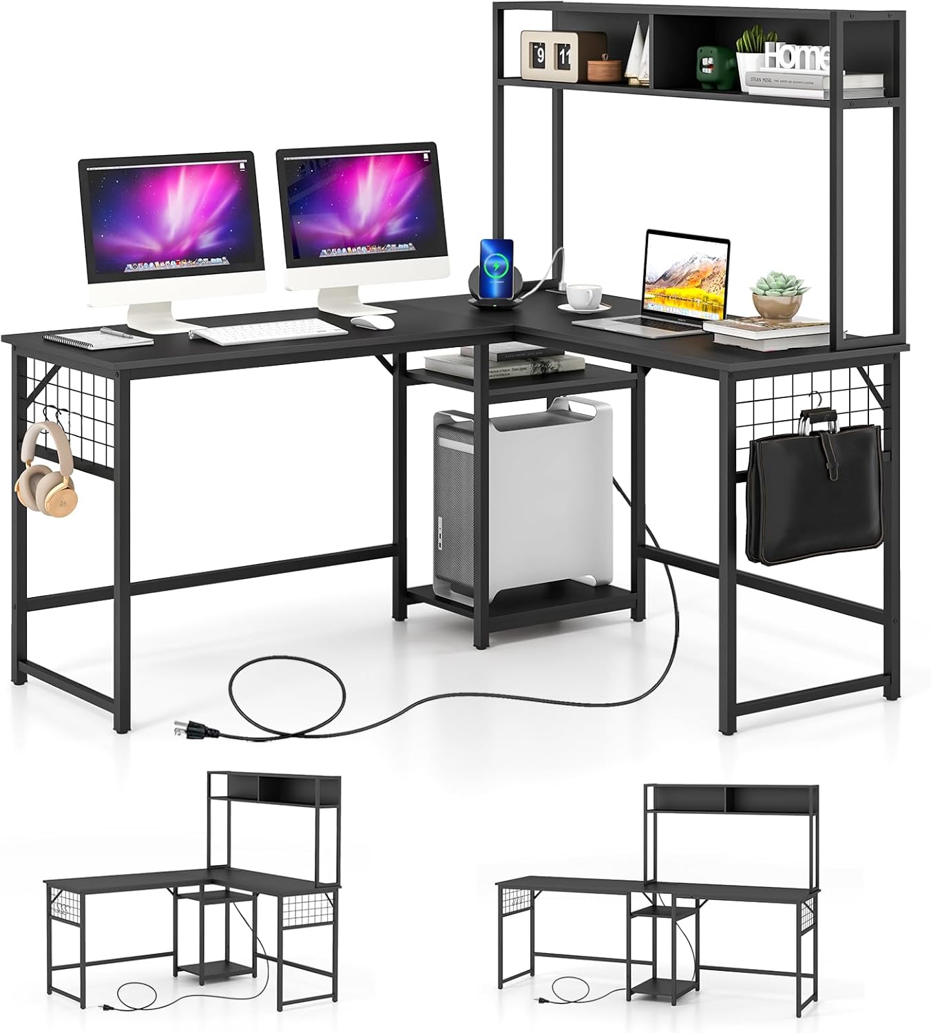 Tangkula L-Shaped Desk with Power Outlet, Large Corner Desk Converts to 2-Person Long Desk with Hutch, Computer Gaming Desk with CPU Stand & 3 Removable Hooks, for Home Office (Black)