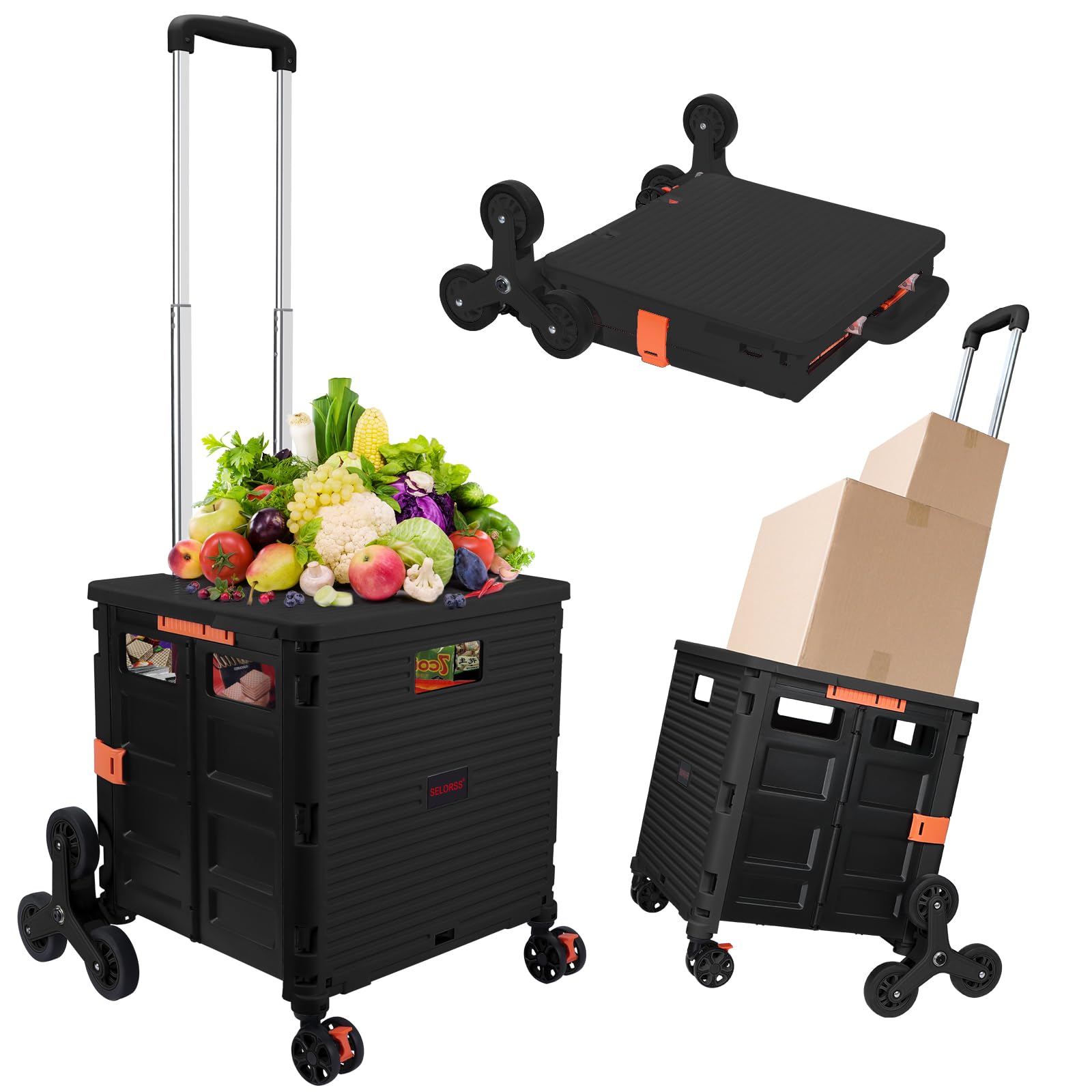 SELORSS Foldable Utility Cart Collapsible Crate Rolling Carts with Stair Climbing Wheels Rolling Tote Basket Teacher Cart with Lid Wear-Resistant 360°
