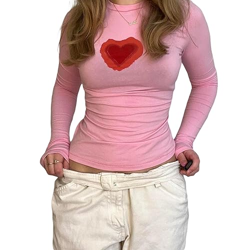 Pivanzore Going Out Tops for Women Y2K Long Sleeve T-Shirts Gothic Punk E-Girl Casual Tee Print Slim Blouses Fall Streetwear - Love Pink - Small