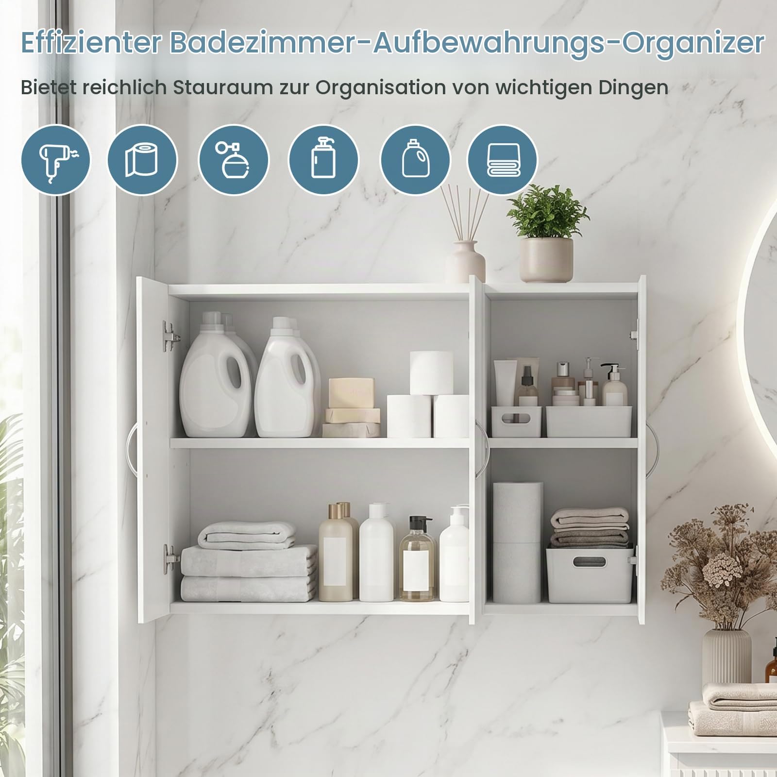 Badezimmerschrank, Hängeschrank Bad, 60x30x90 cm Weiß