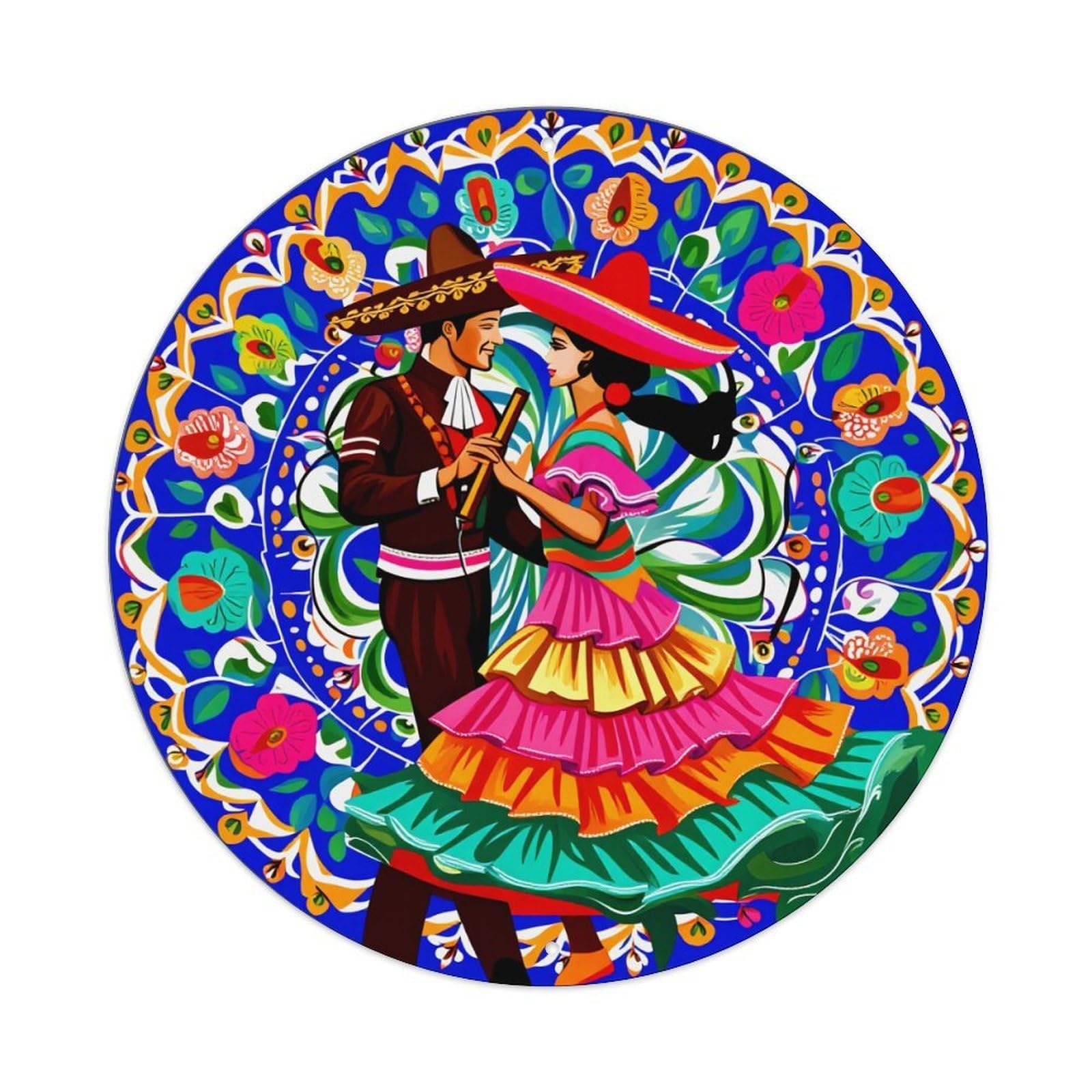 Mexican Folk Art Dance Pattern Round Tin Sign Vintage Metal Poster, Home Bar Garage Man Cave Cafe Indoor & Outdoor Wall Decoration 8x8Inches