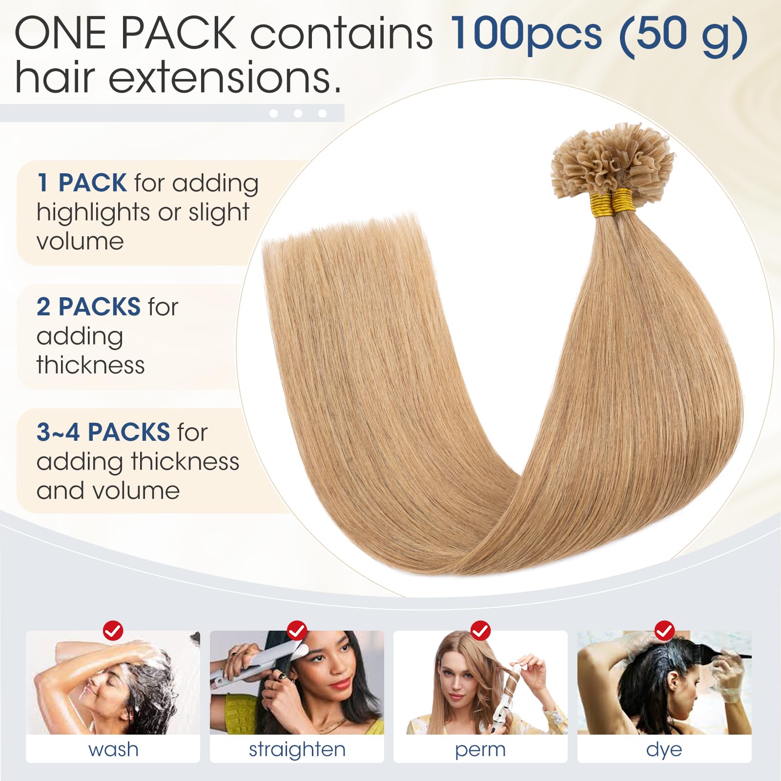 Elailite Extensiones Queratina Pelo Natural 100 Mechas 100% Cabello Humano sin Clip U Tip Keratina 45cm (50g) #27 Rubio Oscuro