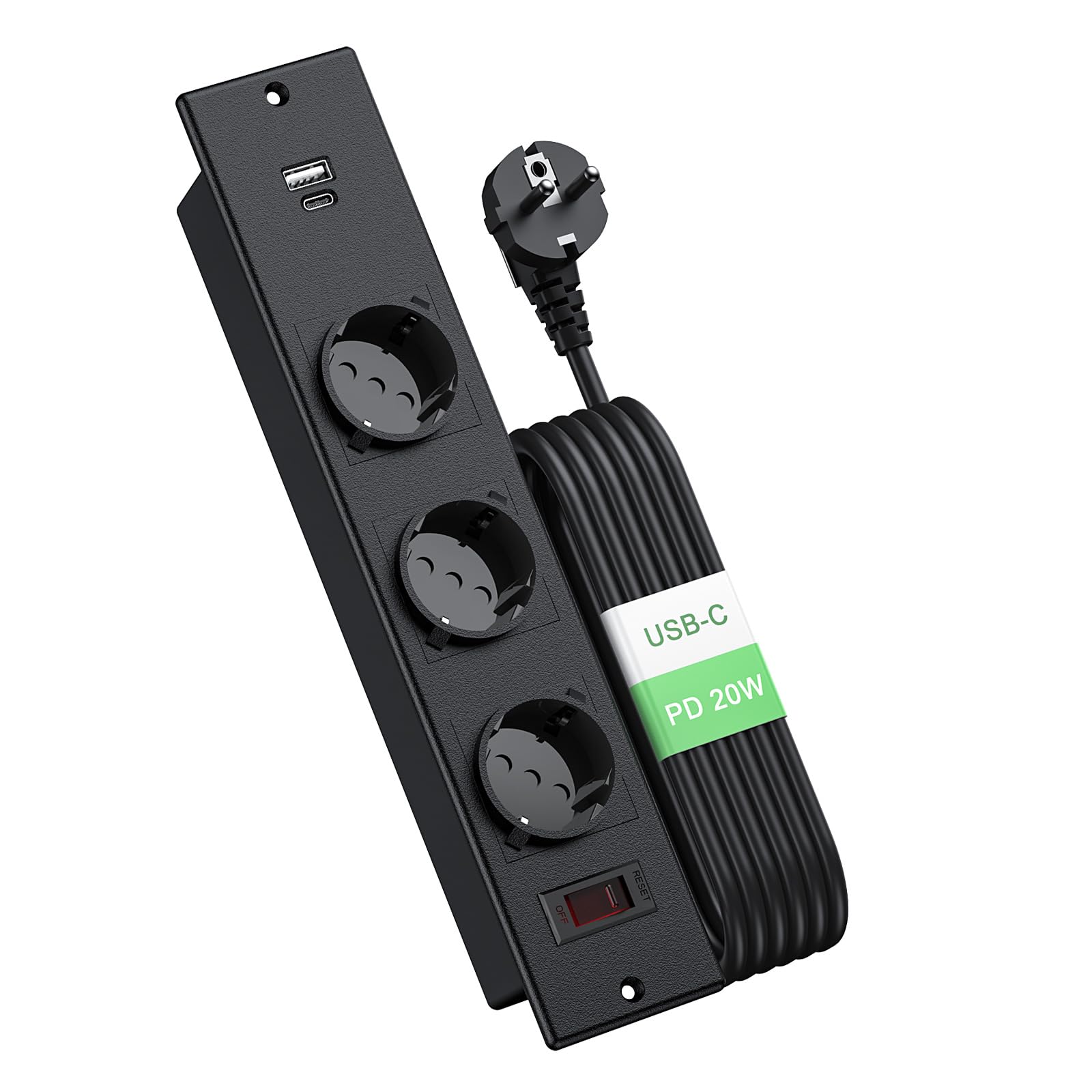 Einbausteckdose mit USB-C, 3 Fach Versenkte Tischsteckdose mit 2 USB Ports, 2m Kabel & Überlastschutz, Einbau-Steckdosenleiste für Küche, Büro, Arbeitsplatte,Werkbank,Schwarz