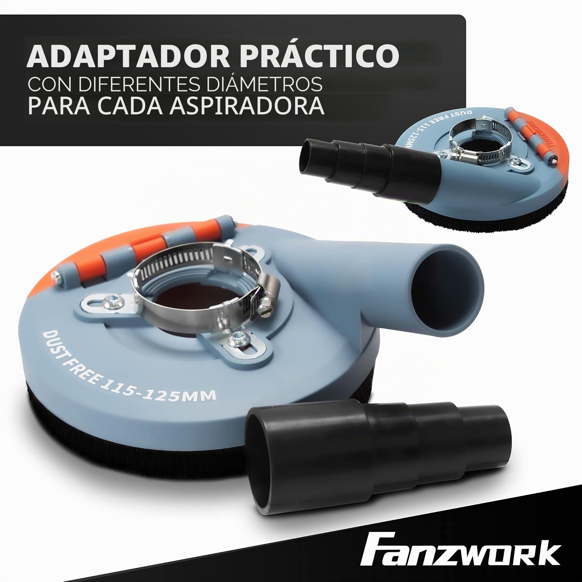 FANZWORK cubierta de aspiración para amoladora angular incl. disco de diamante de 125 mm, Cepillos intercambiables, Compatible en un 99% de forma universal, Anillo adaptador reforzado, Adaptador M14