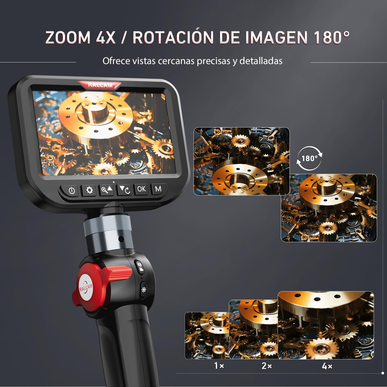 Ralcam Cámara Endoscópica con Luz, Cabezal Giratorio de 210°, Sonda de 3.9 mm, Pantalla HD de 5", IP67 Impermeable, Cable de Acero 1,5 m, Cámara de Inspección para Coche, Tuberías y Hogar