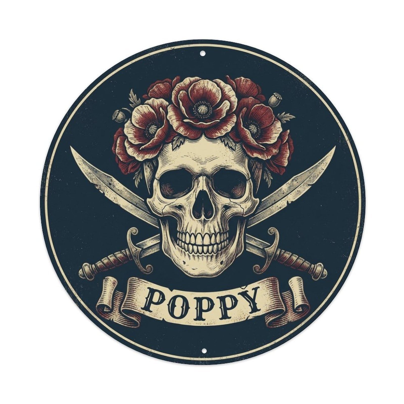 Poppy Skull Flower Crown Cutlasses Pirate Emblem Metal Tin Sign