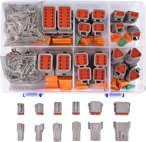 Amliber 174pcs 12 Kits DT Series Deutsch Kit de conectores 2 3 4 6 8 12 pines con tamaño 16 contactos estampados IP68 impermeable automotriz