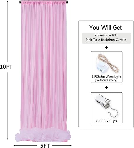Miniatura 4 de NSSONBEN Cortinas de telón de fondo de tul rosa bebé de 10 x 10 pies con luces, tul grueso de doble capa y poliéster rosa para fotos, cortinas para