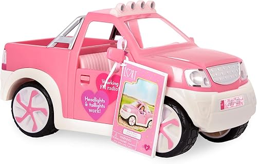 Miniatura 6 de Lori Camión pick-up para mini muñecas - Coche rosa para muñecas de 6 pulgadas - Radio real y enganche de remolque - Música y luces - 3 años + -