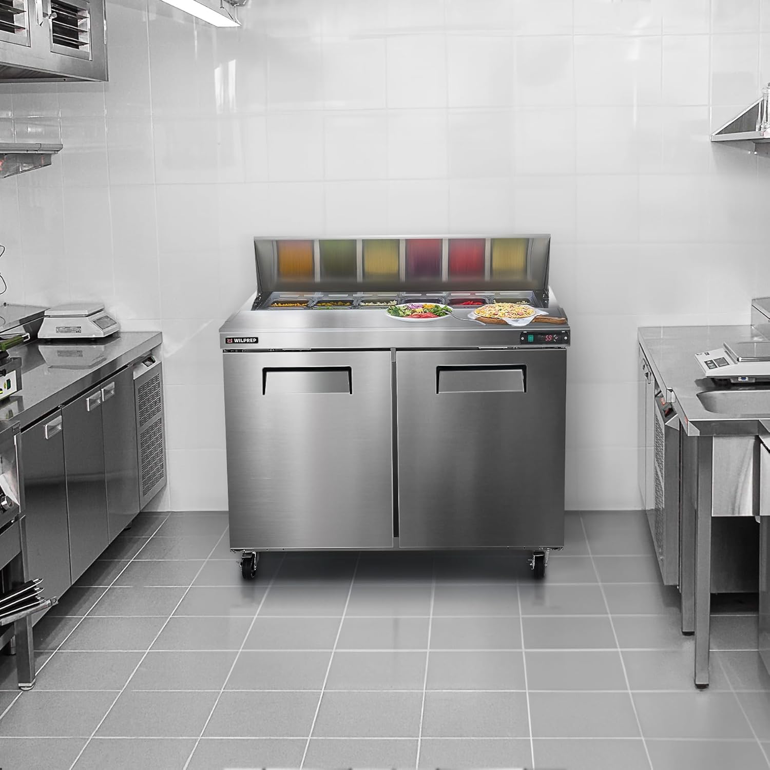 Wilprep 48" Commercial Sandwich Prep Table Refrigerator, 2 Doors Stainless Steel Salad Prep Fridge with 12 x 1/6 Pans, 11.8 cu. ft. Fan Cooling Counter Station, NSF & ETL Listed