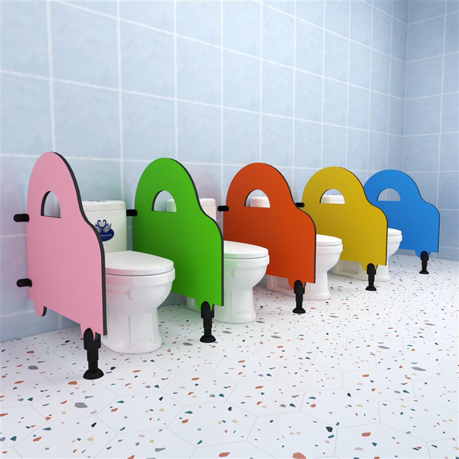 Confezione da 10 divisori per WC da Parete per asili Nido con staffe e Gambe di Supporto, Resistenti divisori per orinatoi in Legno Arancione per bagni di asili e scuole (60x75 cm).