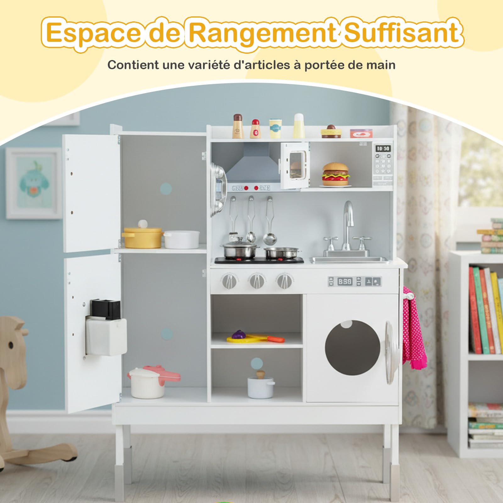 GOPLUS Cuisine Enfant, Jouet Cuisine avec Effets Lumineux et Sonores, Dinettes Réglable en Hauteur avec 16 Accessoires, Hotte, Machine à Glaçons, Téléphone, Idéal pour 3+ Ans (83x29x103cm,Blanc)
