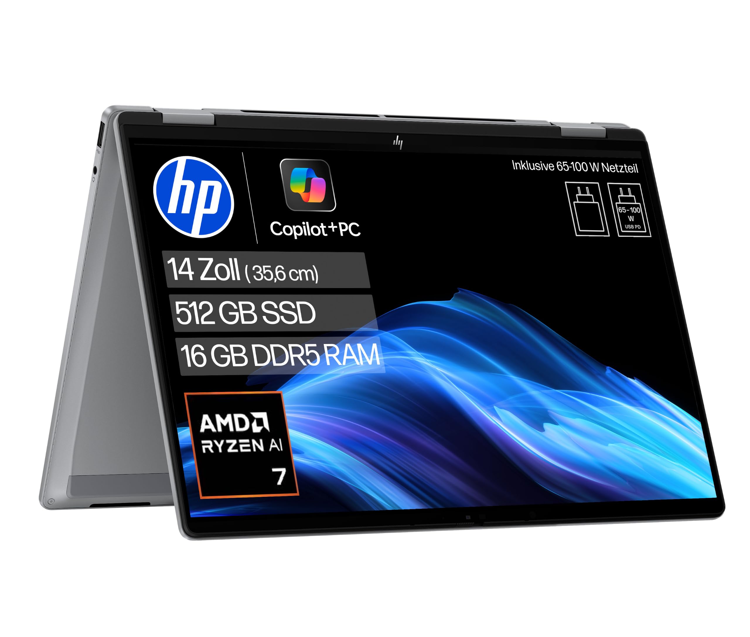 HP OmniBook X Flip 2-in-1 Laptop (14" 2K Touchscreen, AMD Ryzen AI 7, Copilot+, 16GB RAM, 512GB, Win11, QWERTZ) - Silber – Amazon Angebot