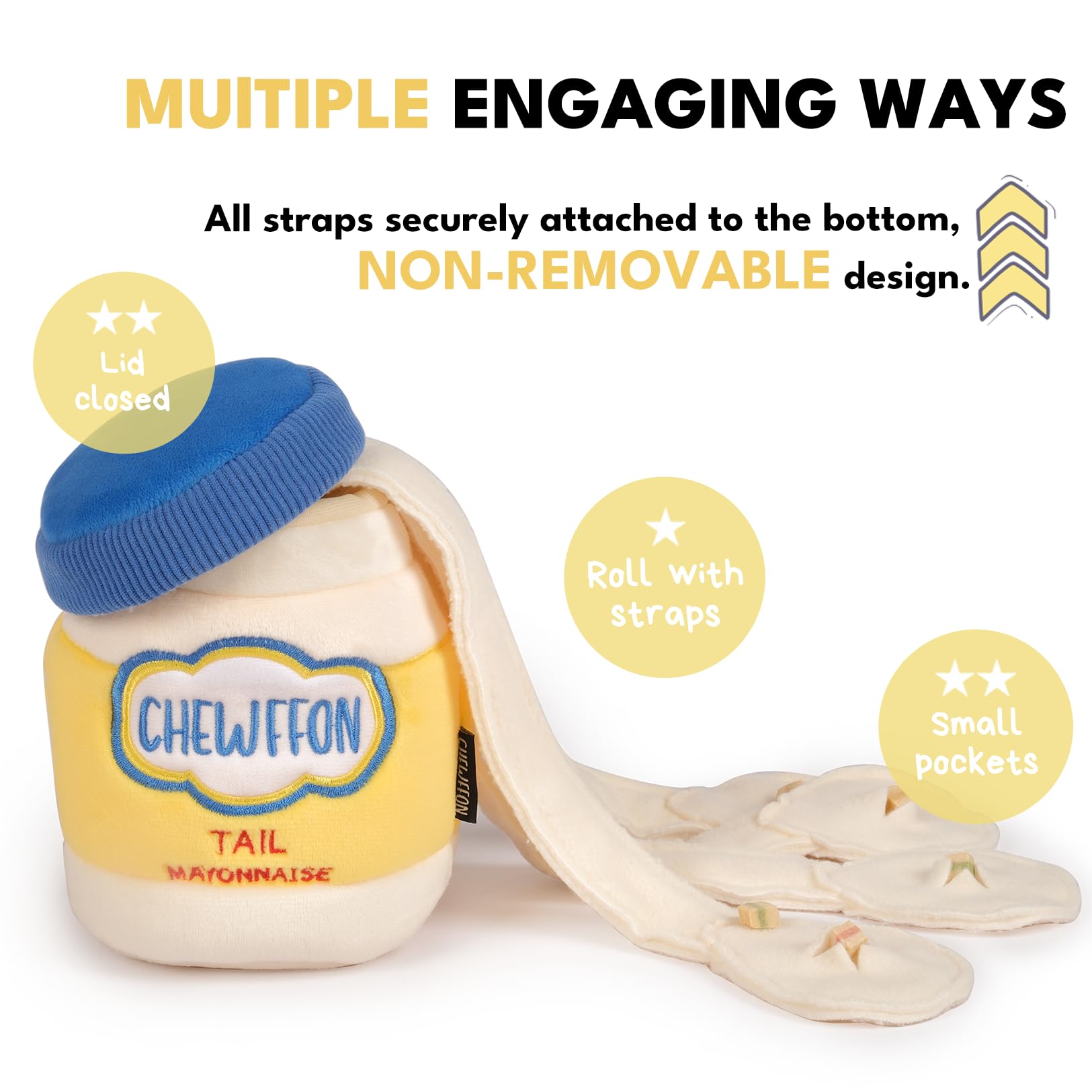 CHEWFFON Juguete para perros, rompecabezas interactivo de tarro de mayonesa, juguete de olfateo para estimulación mental, juguete arrugado para esconder y buscar para todos los tamaños de perros