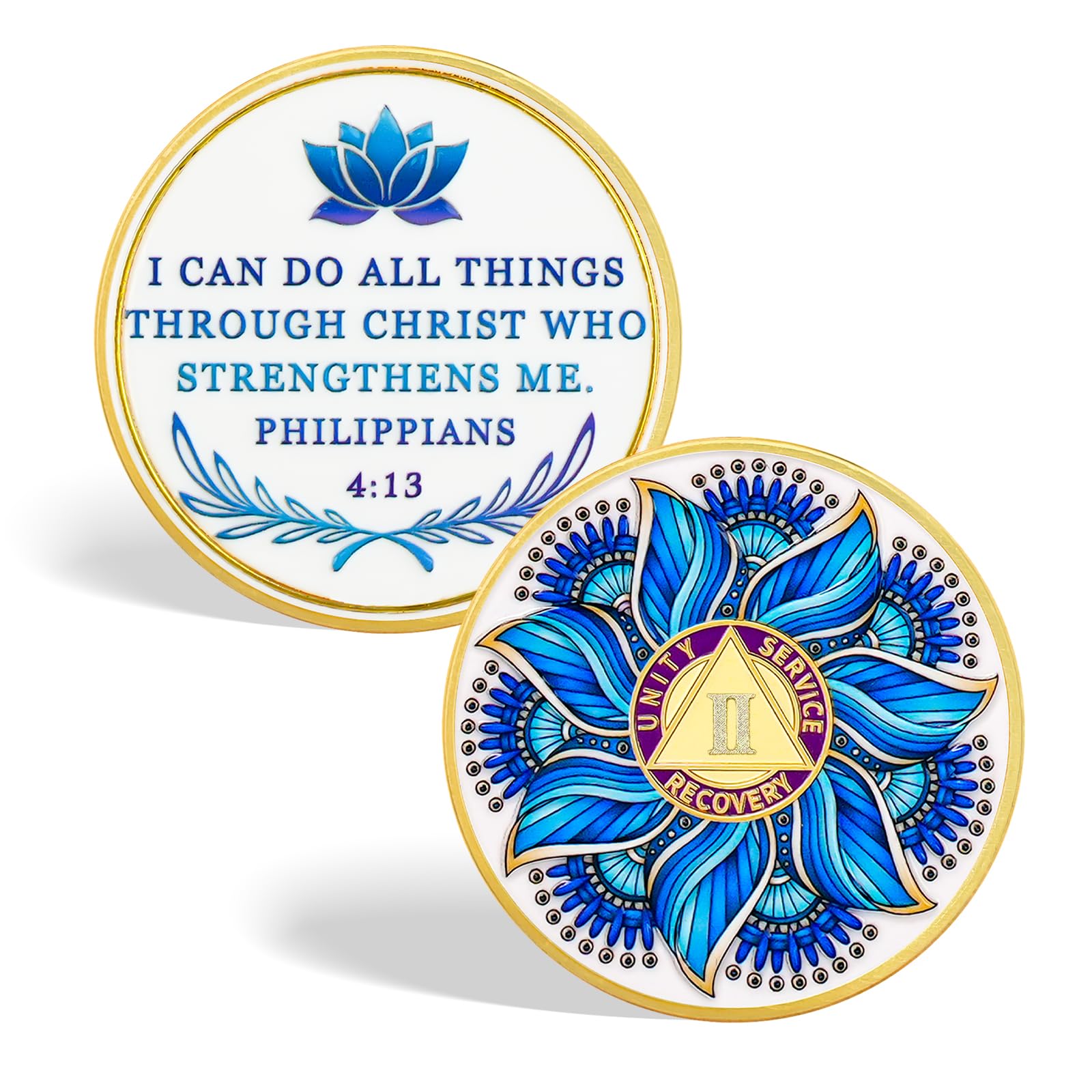 CHURYUML Mandala Meditation 2 Year Sobriety Coin - Two Year Lotus Sober Chip with Philippians 4:13, AA Coins Recovery Medallions Affirmation Token