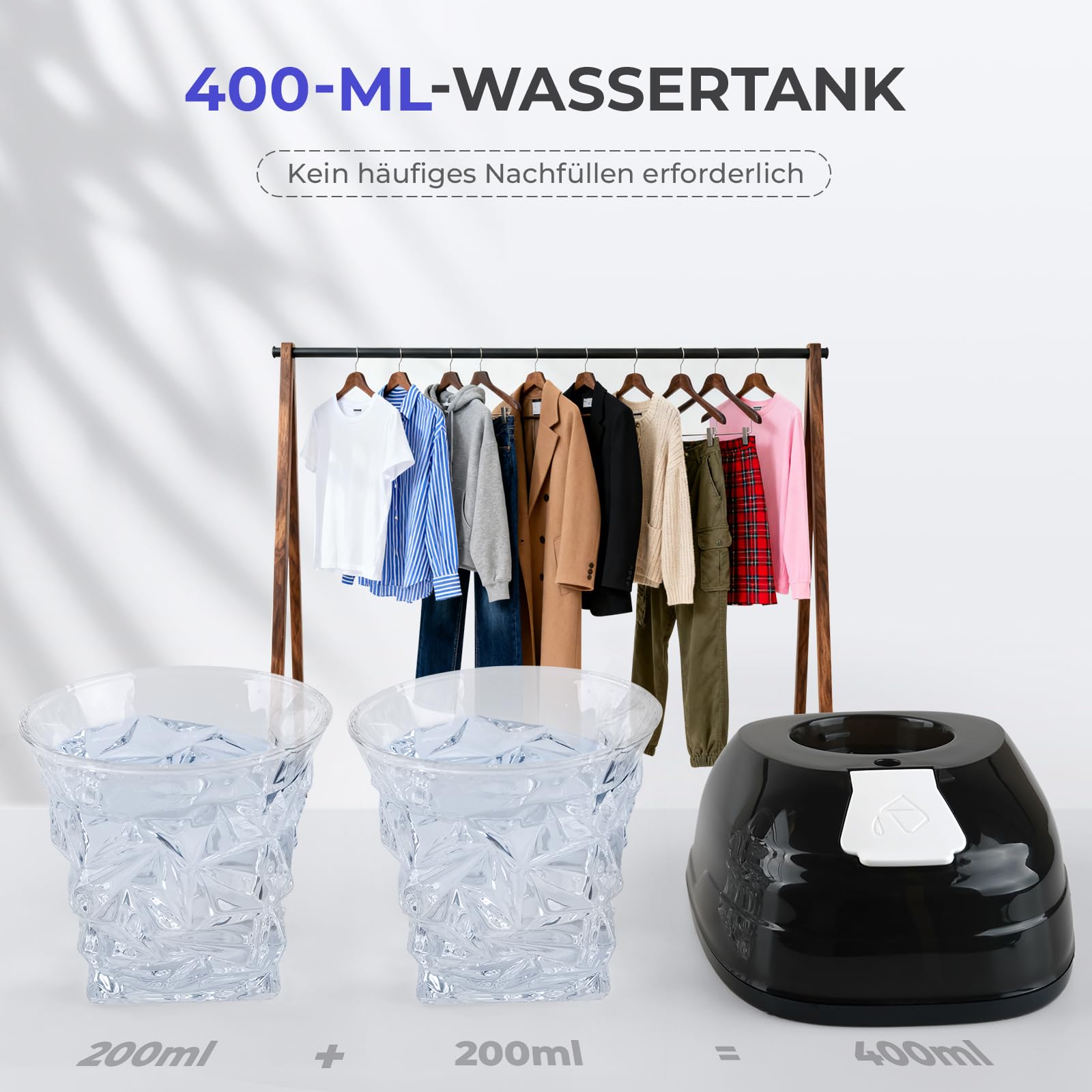 Steamer & Dampfglätter 1800W, Tragbarer Dampfbügler mit 3 Dampfstufen & 400ml Wassertank, Kompakter Reisebügeleisen zum Schnell Entfalten von Hemden, Kleidung und Vorhängen