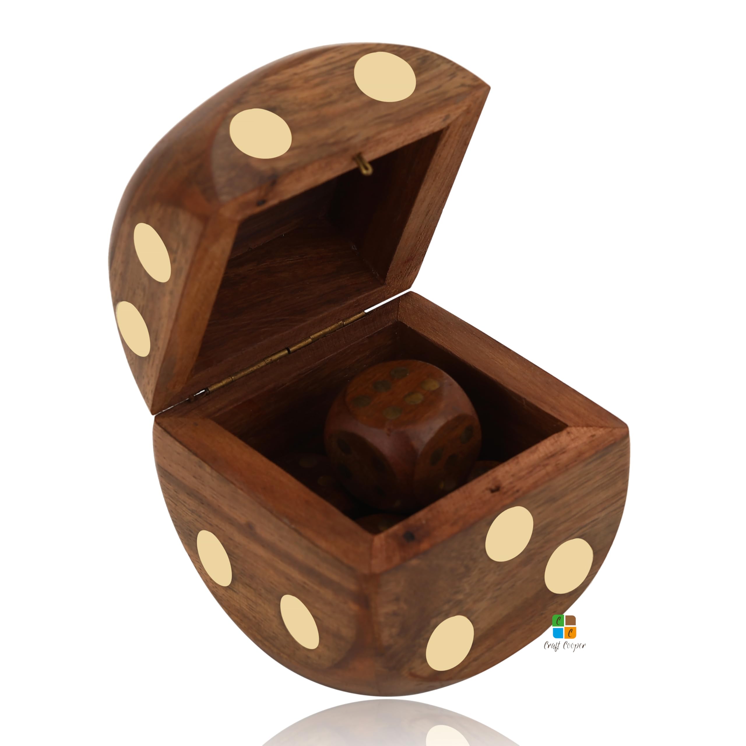 Craft Cooper || Wooden Dice Box with 5 Dices - Handmade 5 Brass Inlay Wooden Dices - Wood Dice Storage Box Protect Dice Counters Mini Travel Board Coffee Table Game for Kid Adult 4
