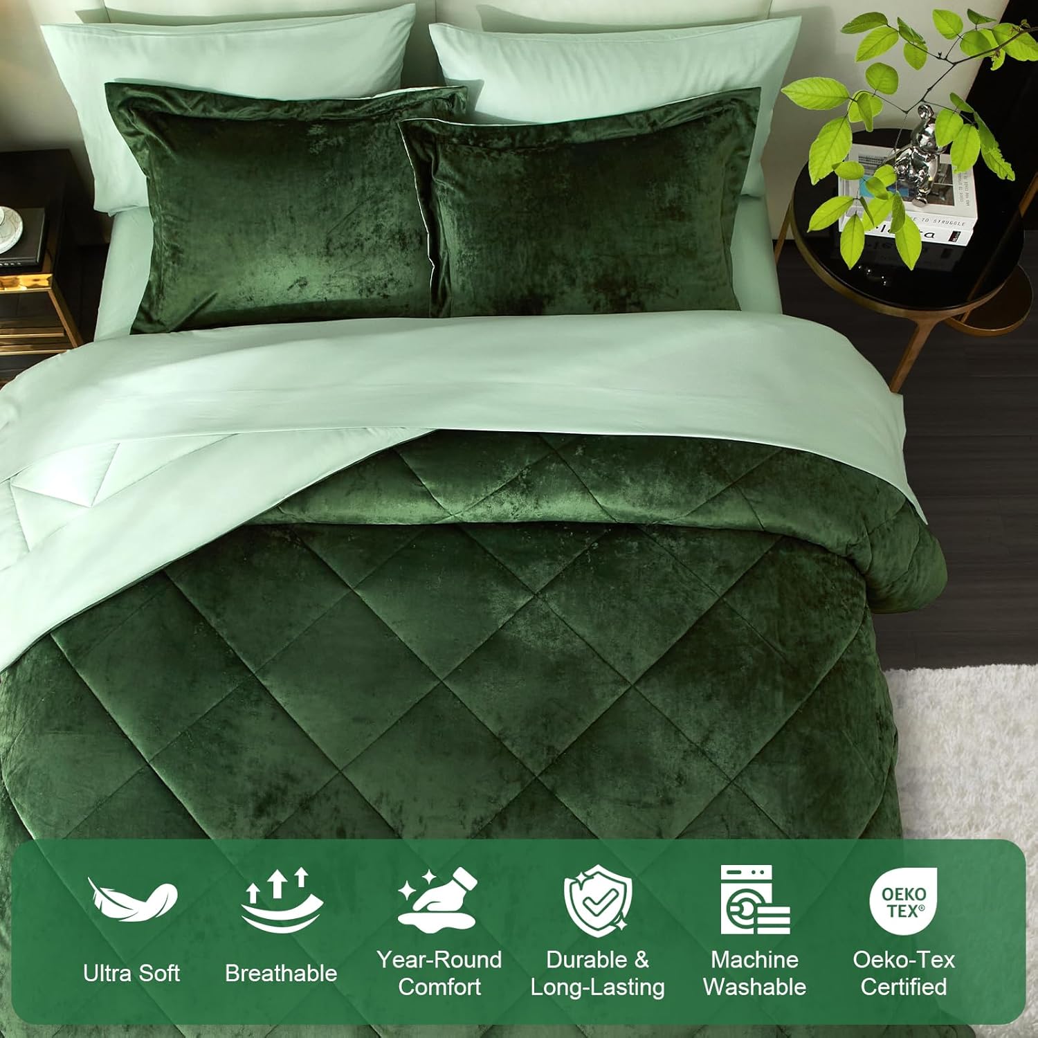Ivellow Queen Comforter Set 7 Pieces Bed in a Bag Crushed Velvet Comforter Set Flannel Queen Green Comforter Ultra Soft Breathable Luxury Soft Warm Winter Bedding Set with Sheets, Pillowcases & Shams - Image 4