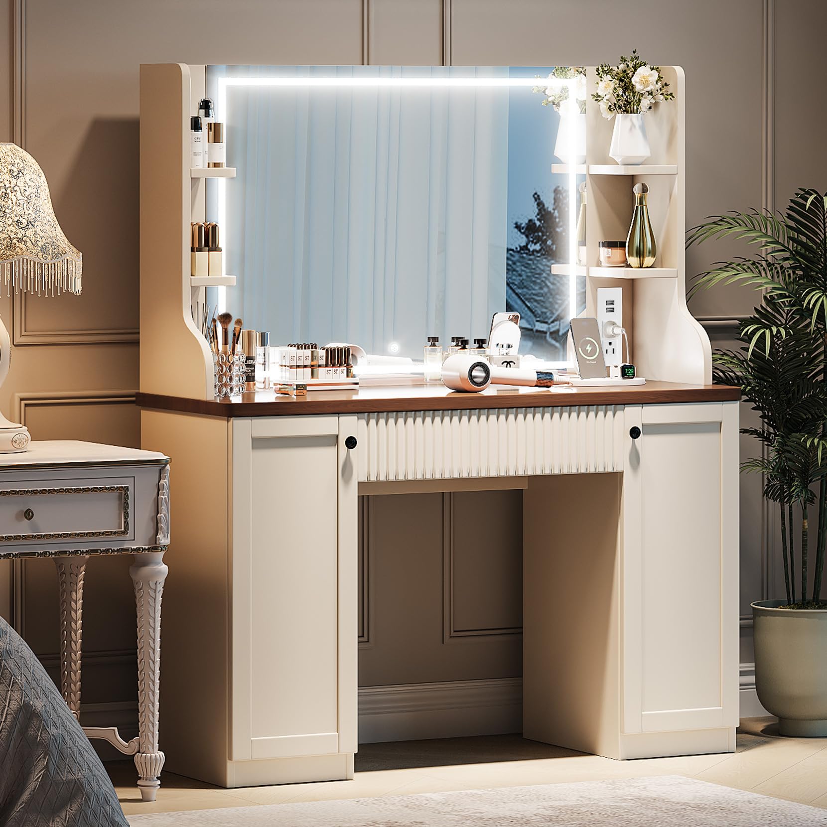DripexMakeup Vanity Desk with Mirror and Lights LED Makeup Table with Drawer, Cabinets, Power Strip, for Bedroom Dressing Table - Beige Brown