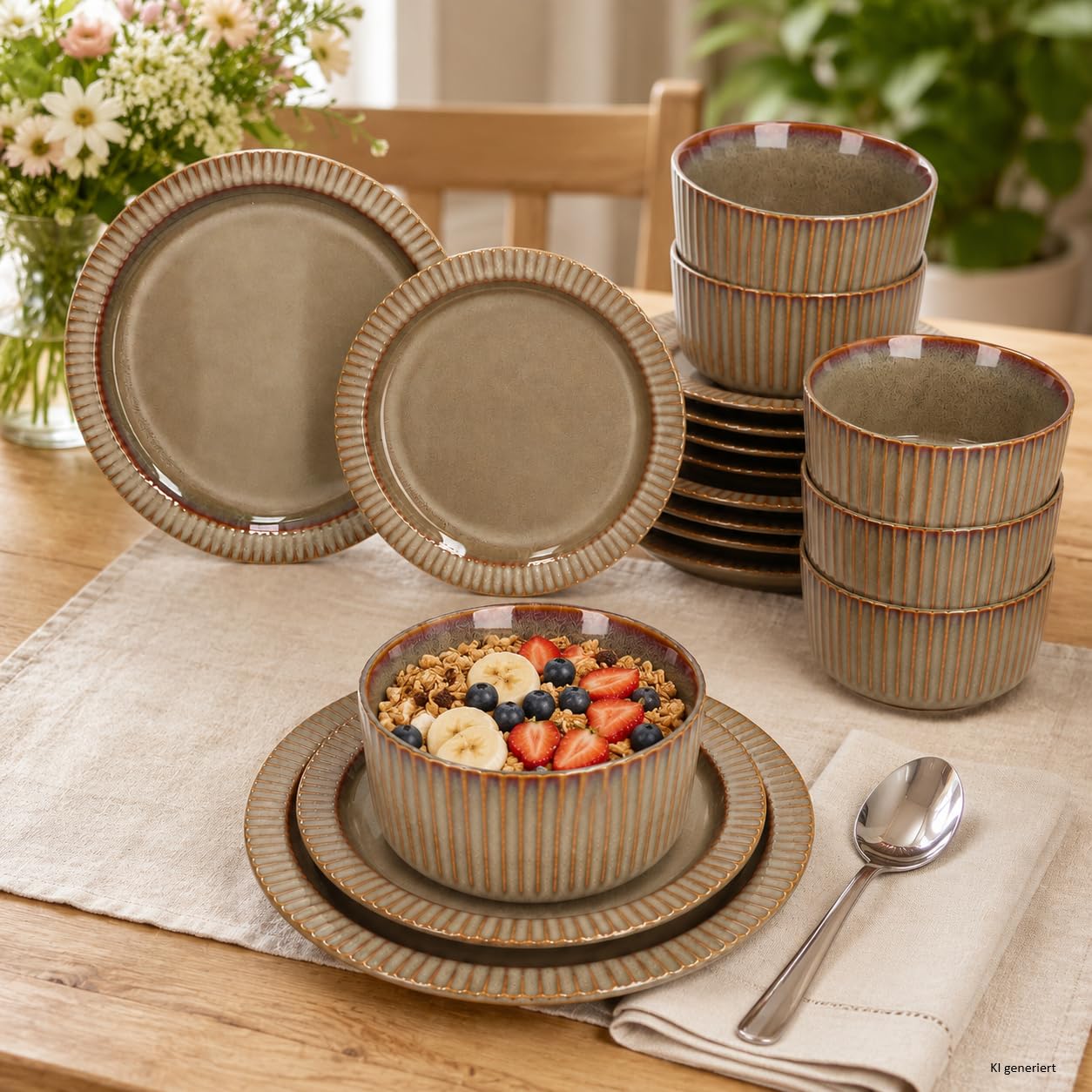MamboCat Bistro Lot de 18 assiettes I 6 personnes I Service de table de dîner marron avec aspect rétro I 6 assiettes plates, bols à bol et assiettes à gâteau I Faïence