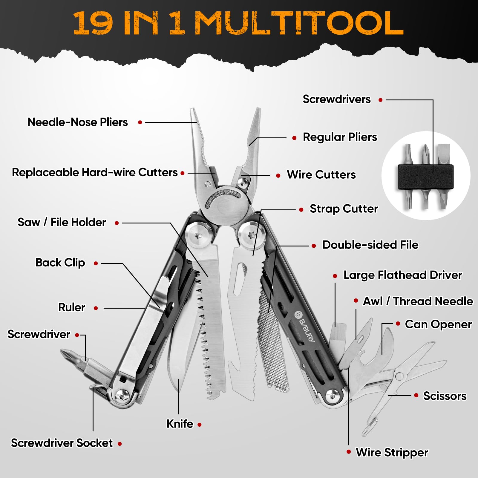 BIBURY Multiherramienta, Alicates Plegables Multiusos con Recubrimiento de Titanio, Herramienta Ideal para Acampar, Senderismo, Reparaciones - Regalo Original para Hombre, Papá, Cumpleaños - BI2038C