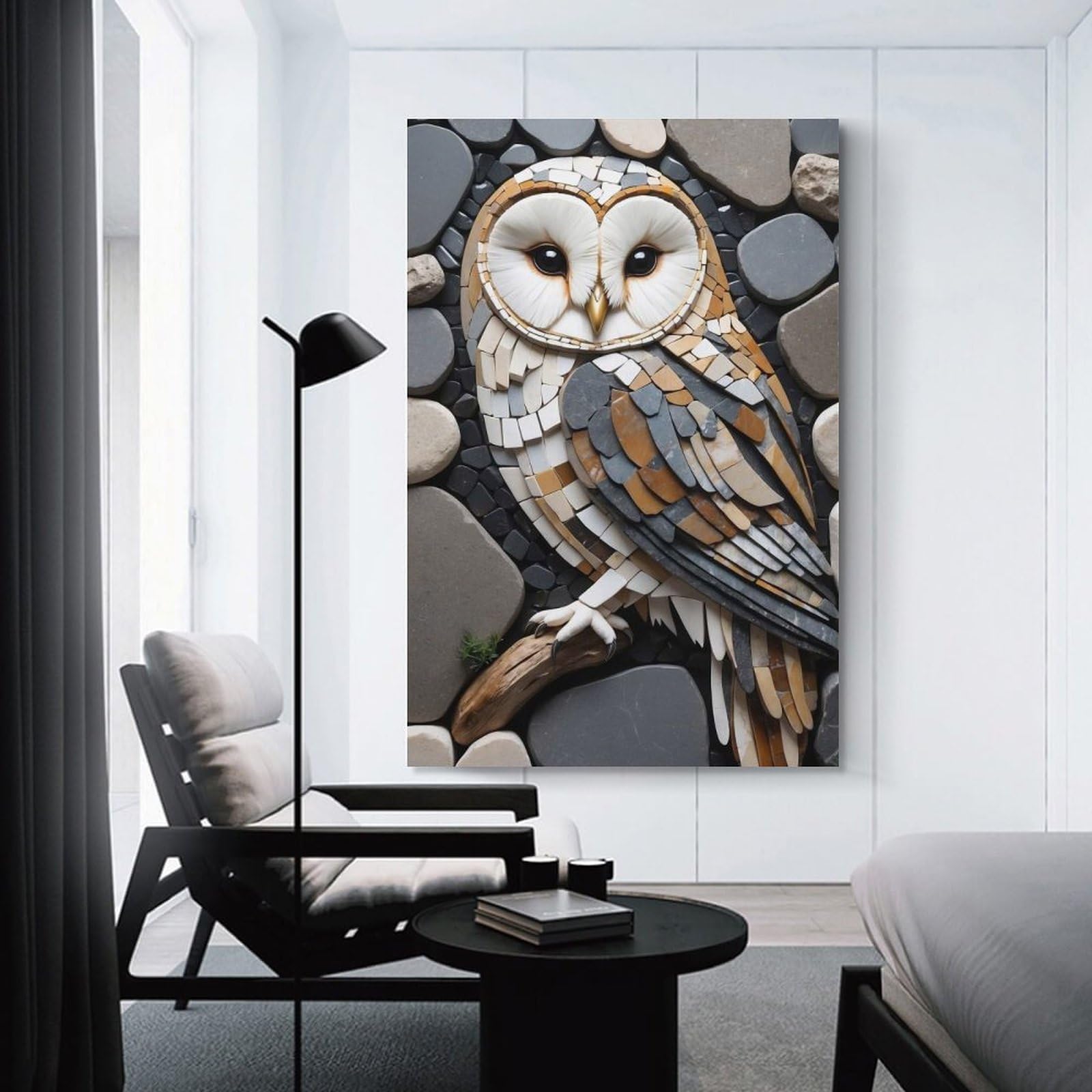 Junmoney Mosaic Owl on Branch Wall Art Print, 20x30inch(50x75cm), for Entryway, Lounge Links Or Small Walls, Decorative Wall Art for Narrow Spaces