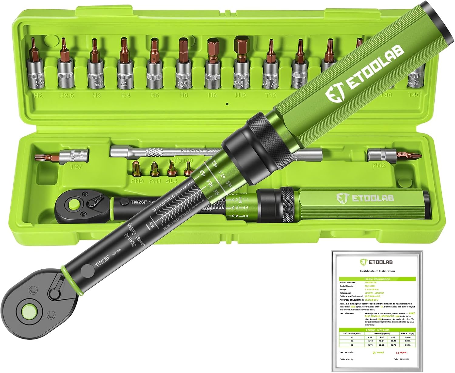ETOOLAB 1/4" Drehmomentschlüssel Set-25tlg, ±3% Fehlergenauigkeit, 1-26 N·m/10-231,3 lbf·in, 72 Zähne Fahrrad Drehmomentschlüssel für Reifenwechsel/Motorrad/Fahrrad