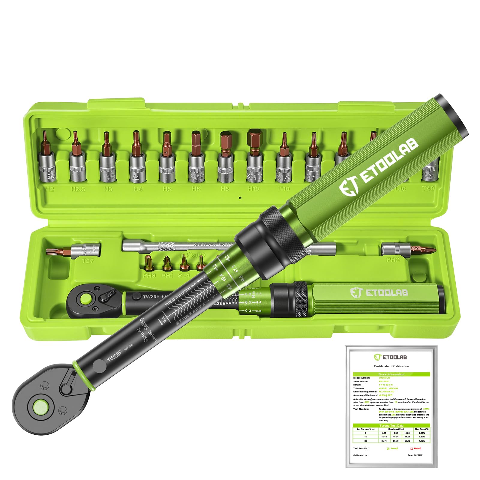 ETOOLAB 1/4" Drehmomentschlüssel Set-25tlg, ±3% Fehlergenauigkeit, 1-26 N·m/10-231,3 lbf·in, 72 Zähne Fahrrad Drehmomentschlüssel für Reifenwechsel/Motorrad/Fahrrad