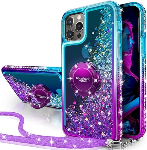 Silverback Funda para iPhone 12iPhone 12 Pro, funda con purpurina holográfica líquida móvil con soporte de anillo para niñas y mujeres, funda