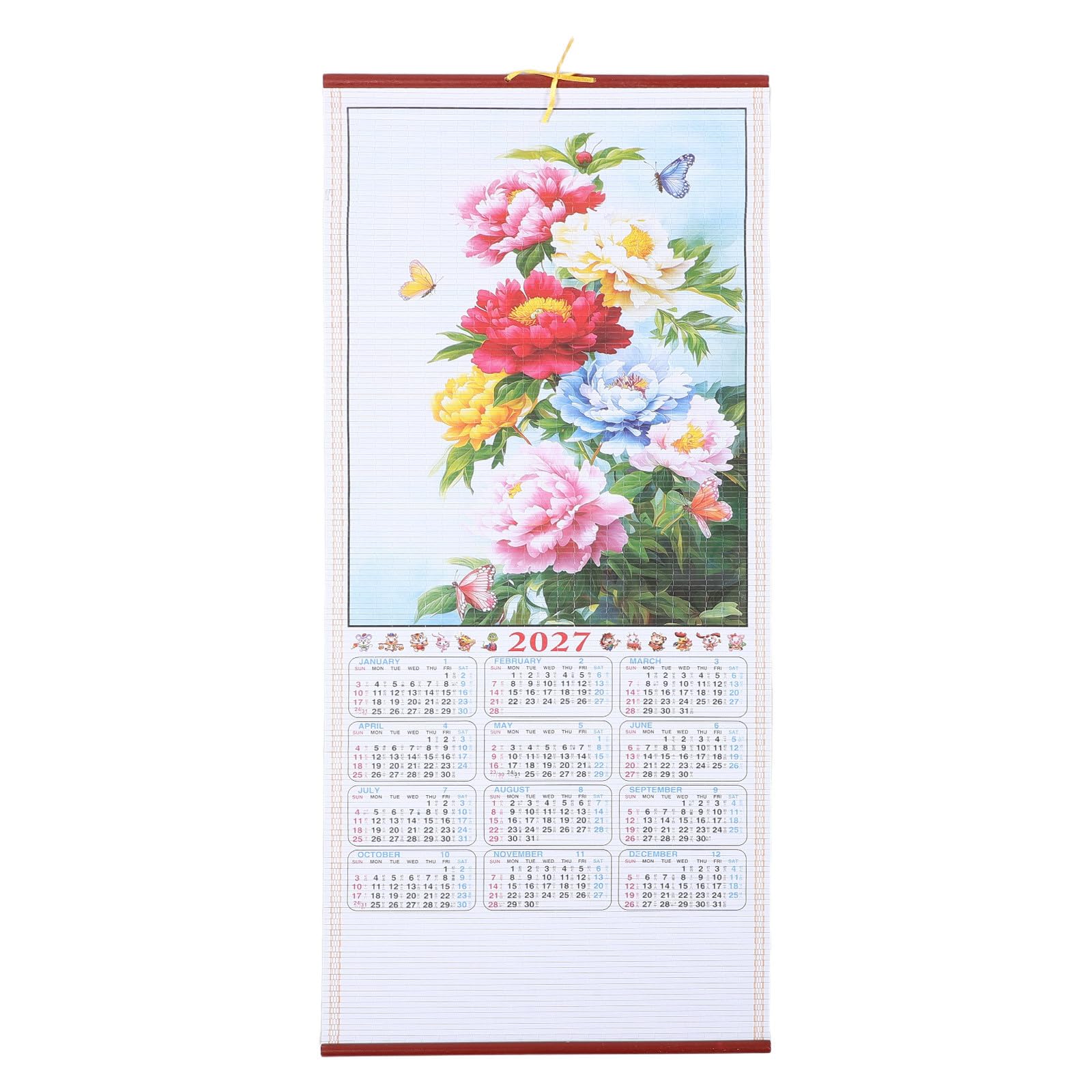 Lurrose Chinese Wall Scroll Calendar 2027: Lunar Calendar Wall Scroll - Zodiac Year of Goat Fengshui Hanging - Chinese Auspicious Picture of Flowers, Full Year to View