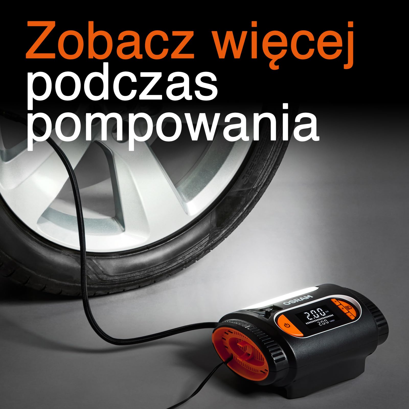 OSRAM TYREinflate 2120, duży wyświetlacz cyfrowy, programowalna funkcja automatycznego zatrzymania, kabel zasilający z bezpiecznikiem 12 V DC, pompowanie opon w 3,5 minuty