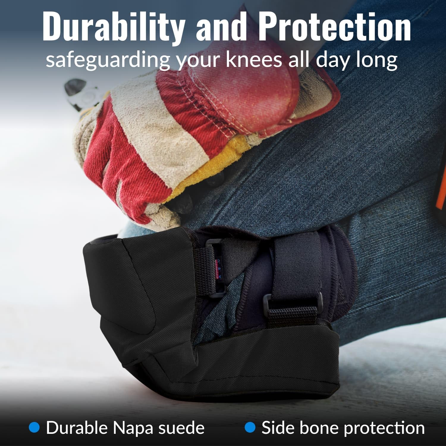 Pro Flooring Style - Rodilleras con 3 niveles de protección, color negro, 1 par, piel de gamuza de napa plana y cierres ajustables múltiples, comodidad durante todo el día, fabricadas en