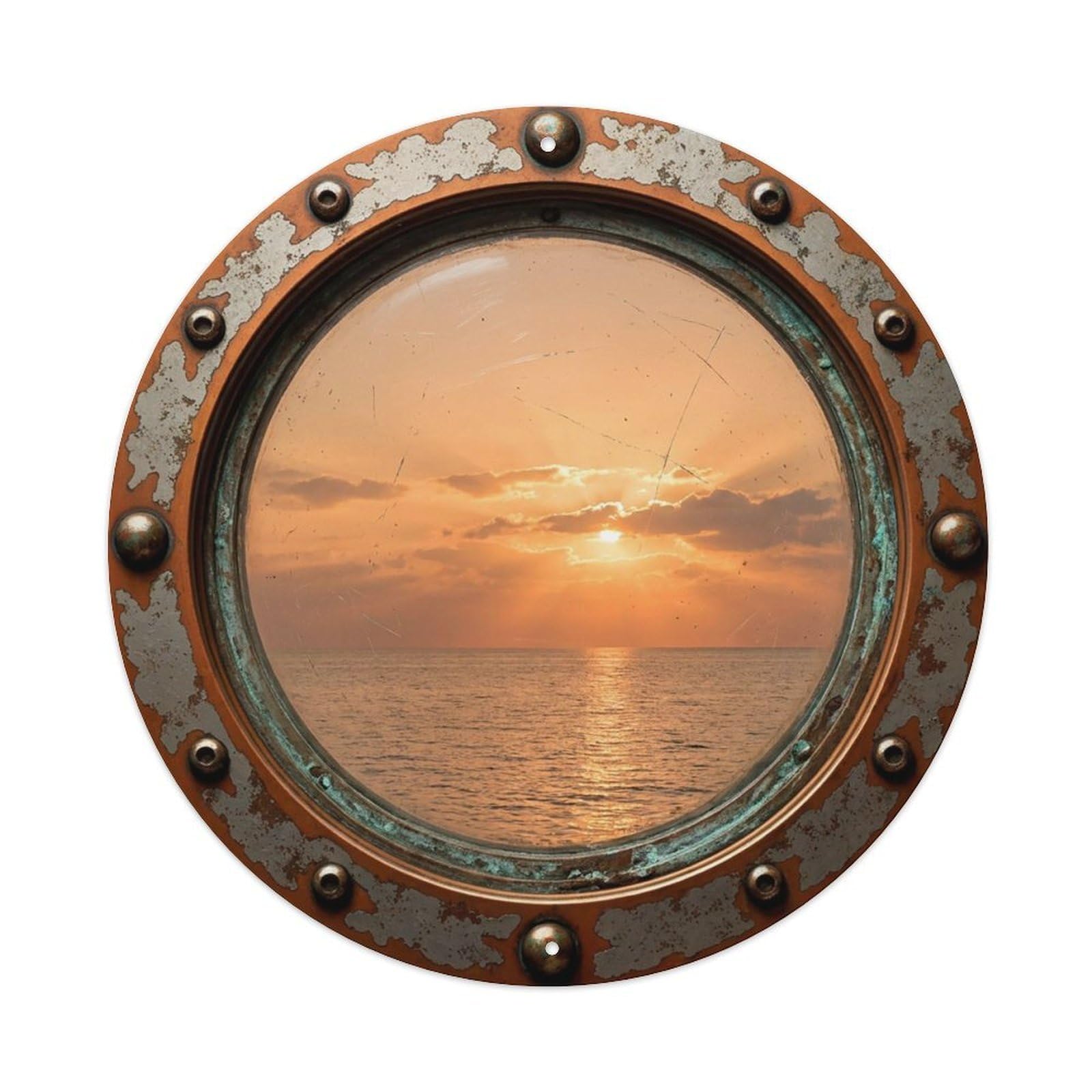 Vintage Porthole Apricot Sunset Nautical Window View Vintage Metal Tin Sign Plaque Wall Decor for Cafe, Club Bar, Office, Garden Metal Poster 8x8Inch
