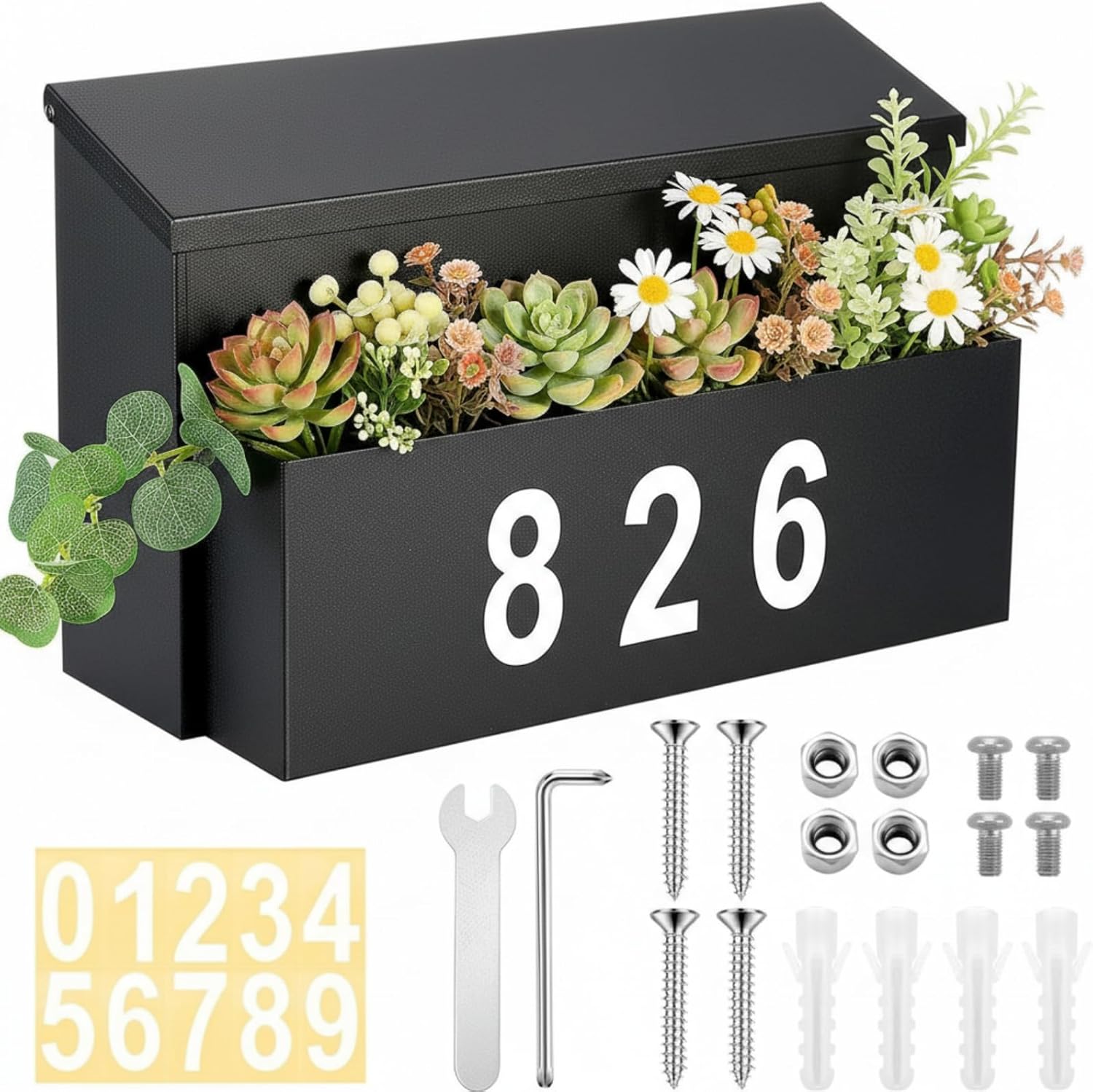 Wall Mount Mailbox with Planter Box, Large Capacity Galvanized Steel Outdoor Mailbox, Rustproof Decorative Black with Number Stickers for House Outside