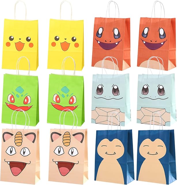 Qemsele Handbag Party Bags for Kids 12pcs Birthday Paper Cartoon Bag Give Aways Supplies Gift Pouch Favor Goodie Reusable Bags for Children Boys Girls Toddlers Gift Bag fillers (Poke-mon2)