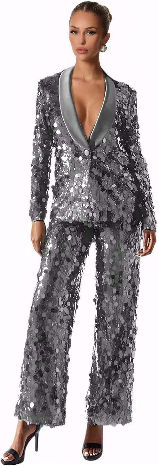 Sequin Suits for Women 2 Piece Sparkly Glitter Women Pant Suit Sexy Shiny Womens Suit Womens Suits for Party Wedding