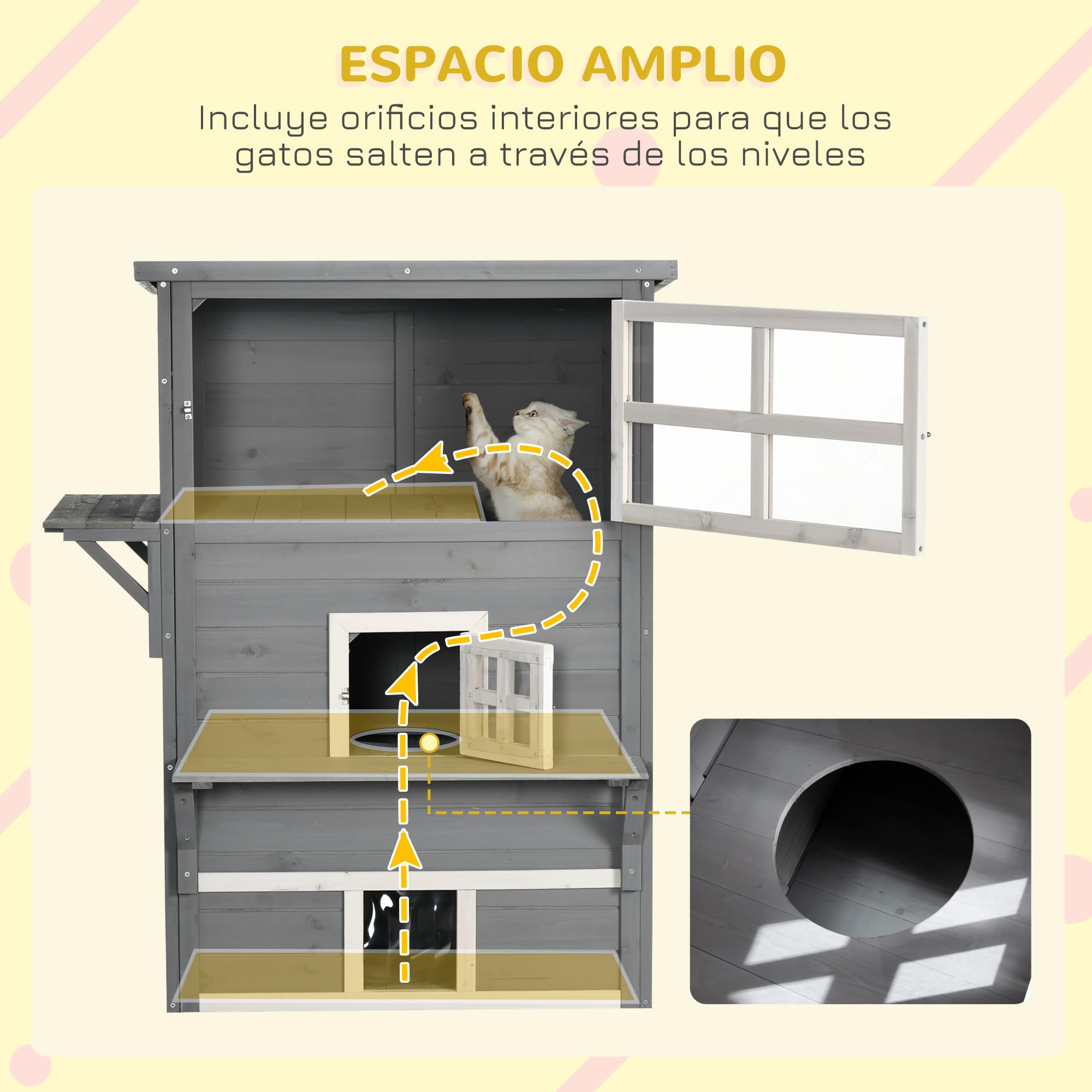 PawHut Caseta para Gatos de Madera 98x68,5x122 cm Grande 5 Puertas Gris | Casa para Gatos, 3 Niveles, 2 Plataformas, Terraza Balcón Jardín