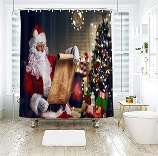 KnSam 180x180CM Cortinas de Ducha, Santa Claus Árbol de Navidad con Regalo de Navidads Cortina Bañera de Poliéster, Lavable a Máquina, con Vibrante Colores de Impresión Digital 3D, Marrón Rojo