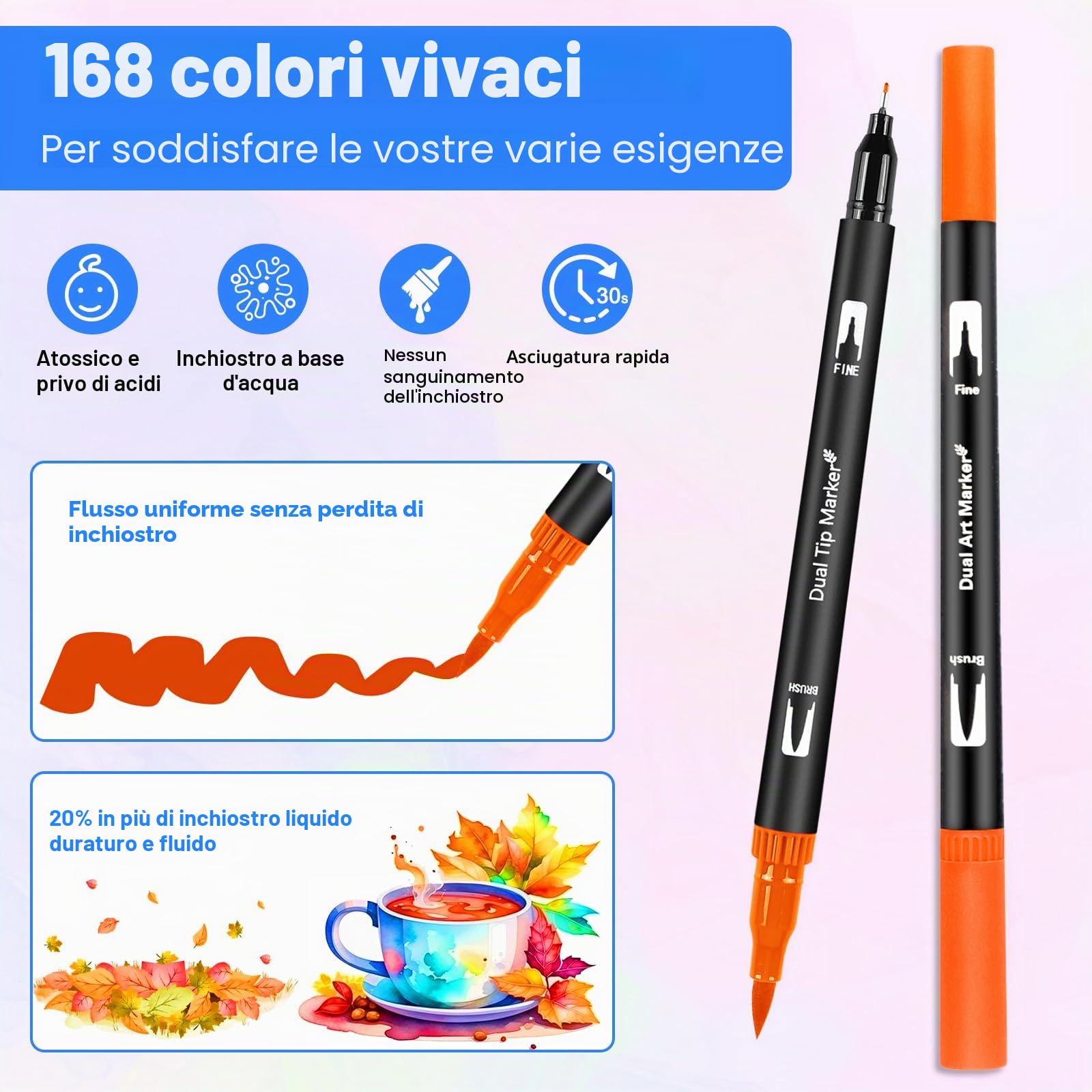 Pennarelli Brush Pen Lettering, 168 Colori Pennarelli Doppia Punta Fine e Grossa Pennello per Adulti Bambini Acquerello Set per Colorare, Bullet Journal, Mandala