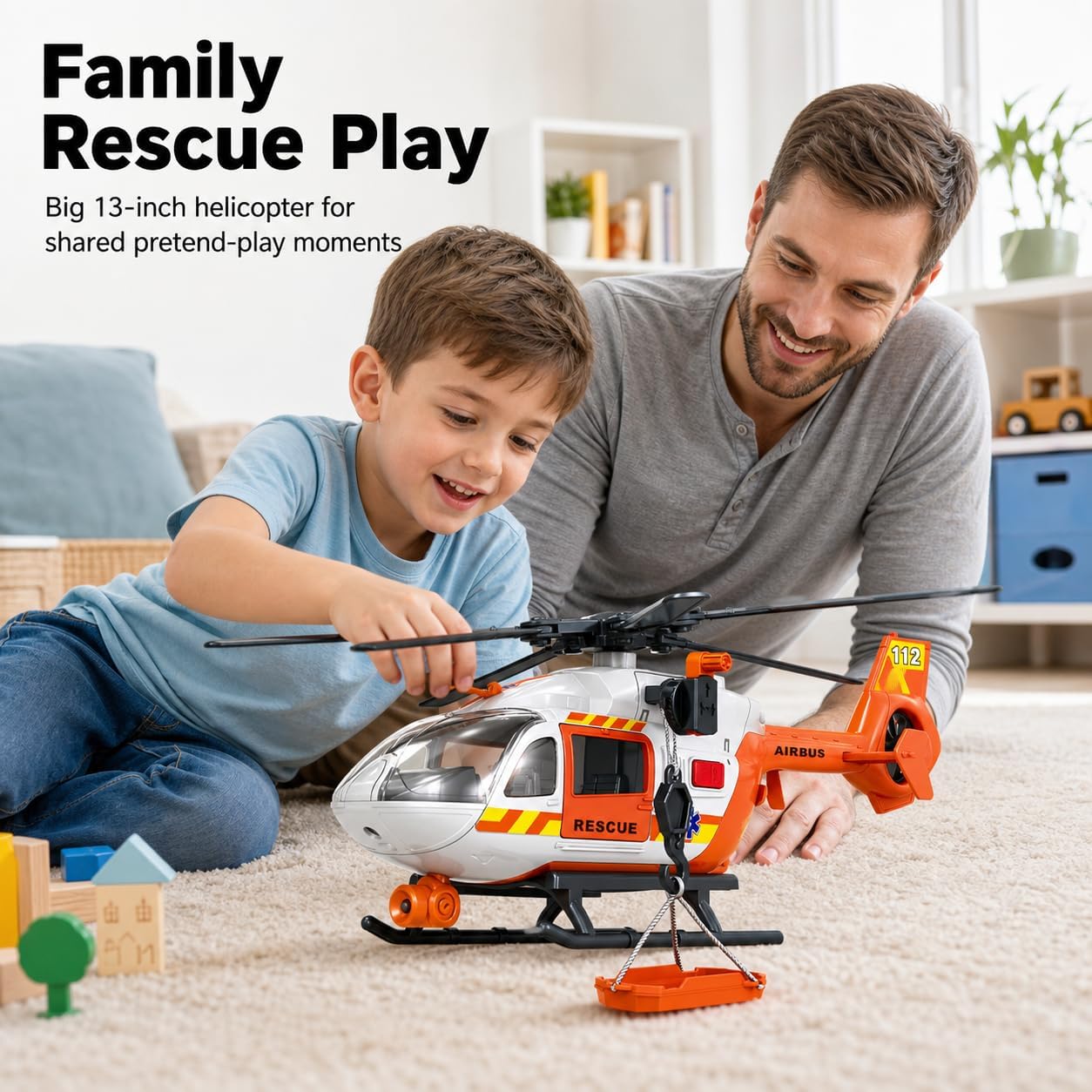 Rescue Helicopter Toy for Kids Ages 3+, 13 Inch Emergency Chopper with Lights, Sounds, Spinning Propeller, Winch Hook and Rescue Basket, Birthday Gift for Boys and Girls