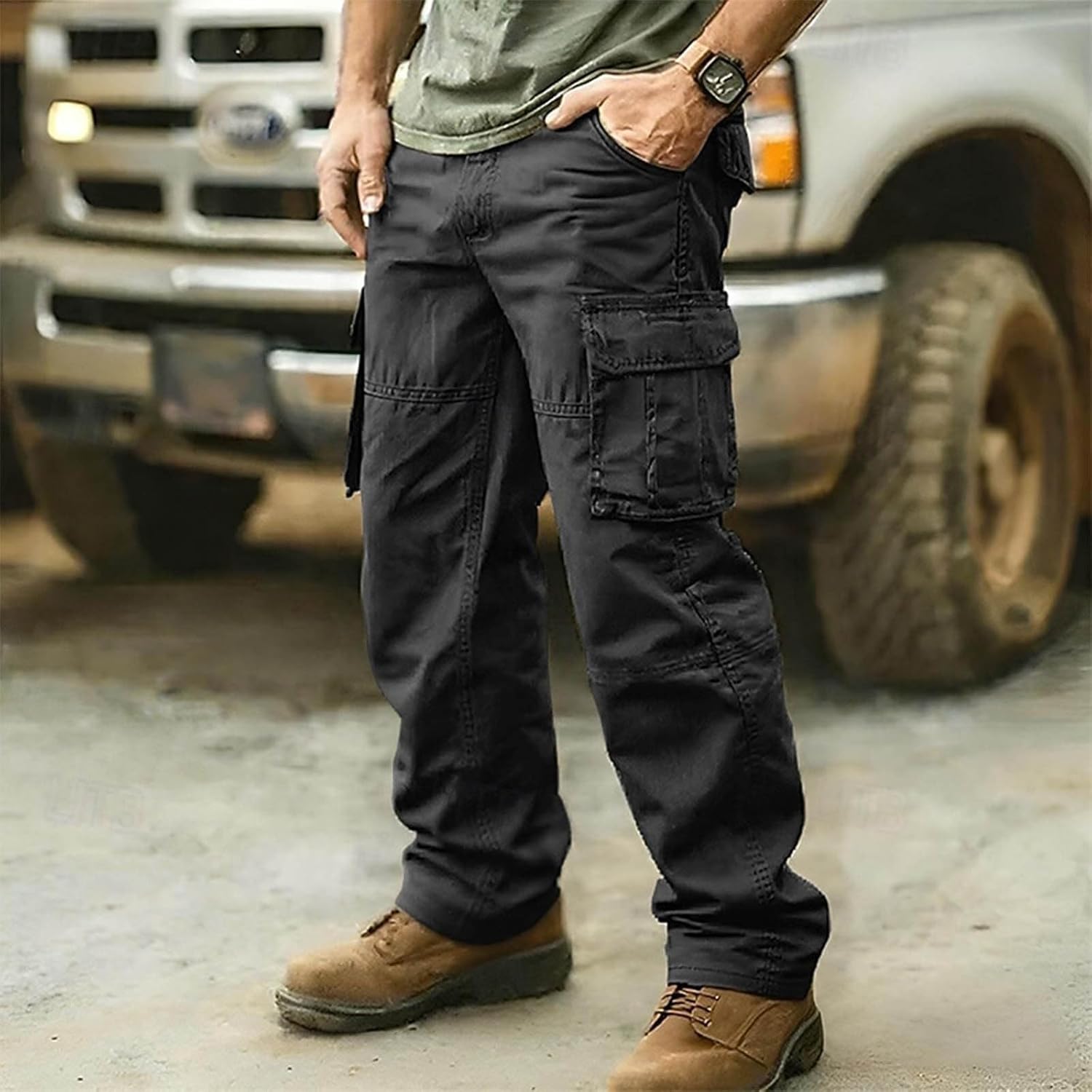 Men Cargo Pants Vintage Elastic Waist Relaxed Fit Casual Outdoor Hiking Pants Thermal Fleece Lined with Multi Pockets